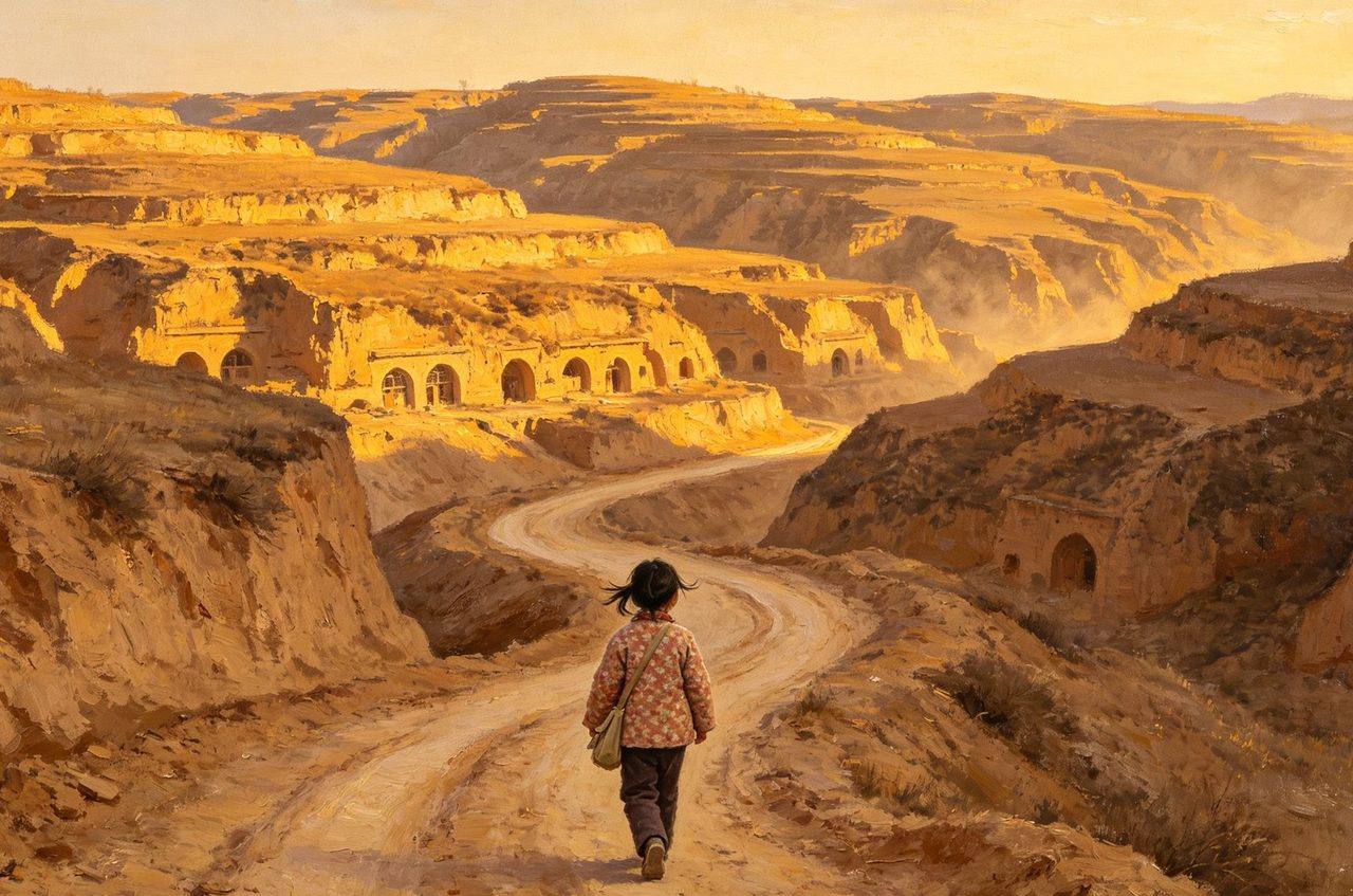 A child walking the winding road of the Loess Plateau, cave dwellings carved into the yellow hills