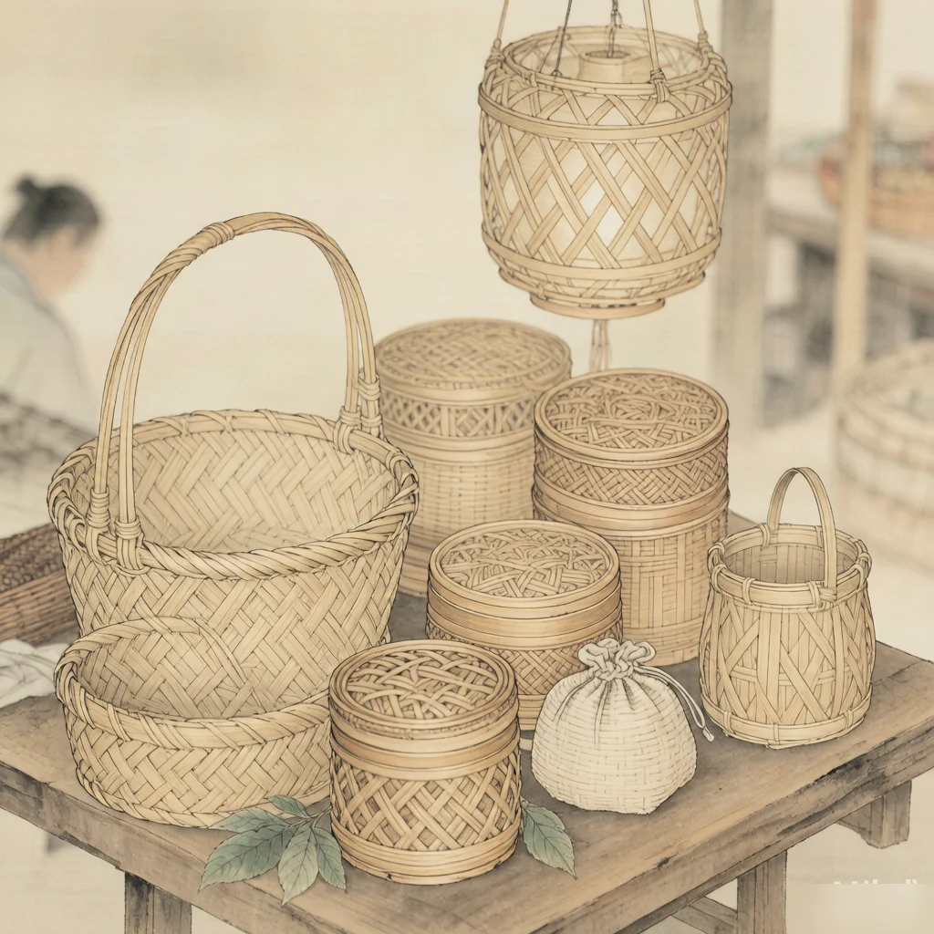 Bamboo Weaving: The Basket of a Thousand Uses — gongbi style painting