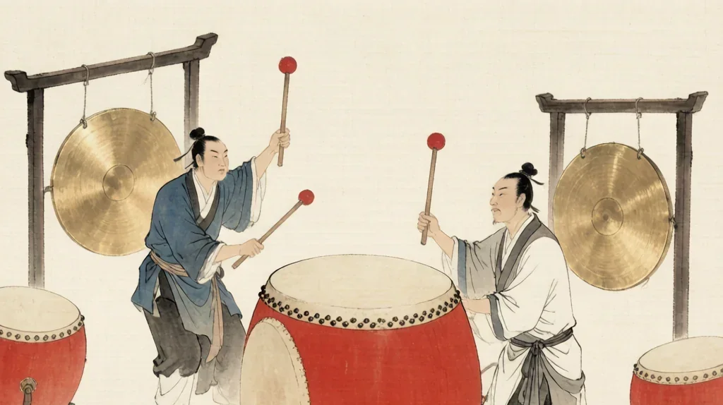 Chinese Drum Music: Thunder and Rhythm — gongbi style painting