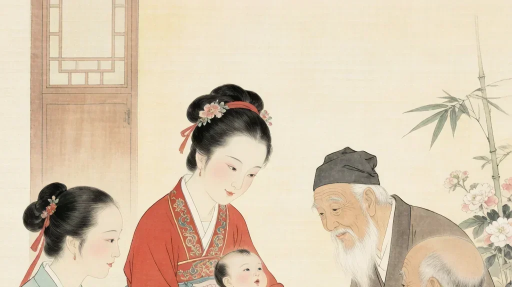 Birth and the Full-Month Celebration (满月): Welcoming New Life — gongbi style painting