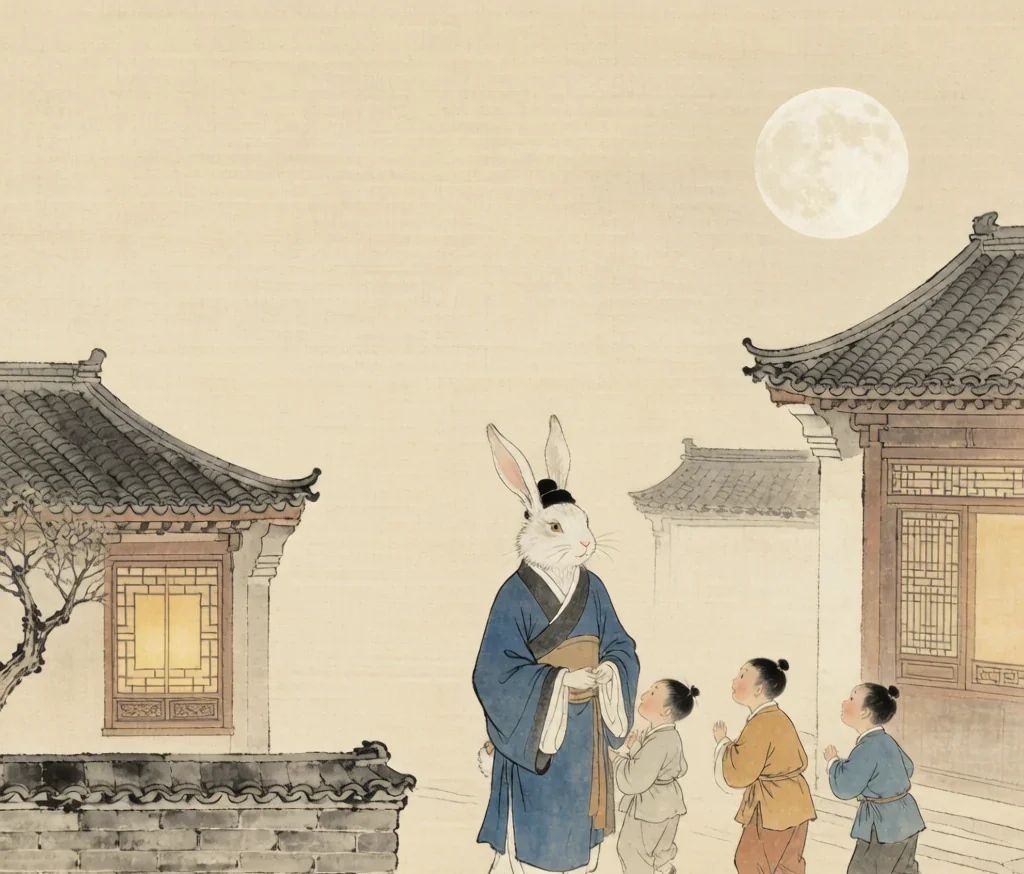 The Rabbit God of Old Beijing — gongbi style painting