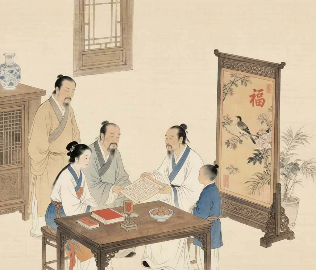 Choosing an Auspicious Day — gongbi style painting