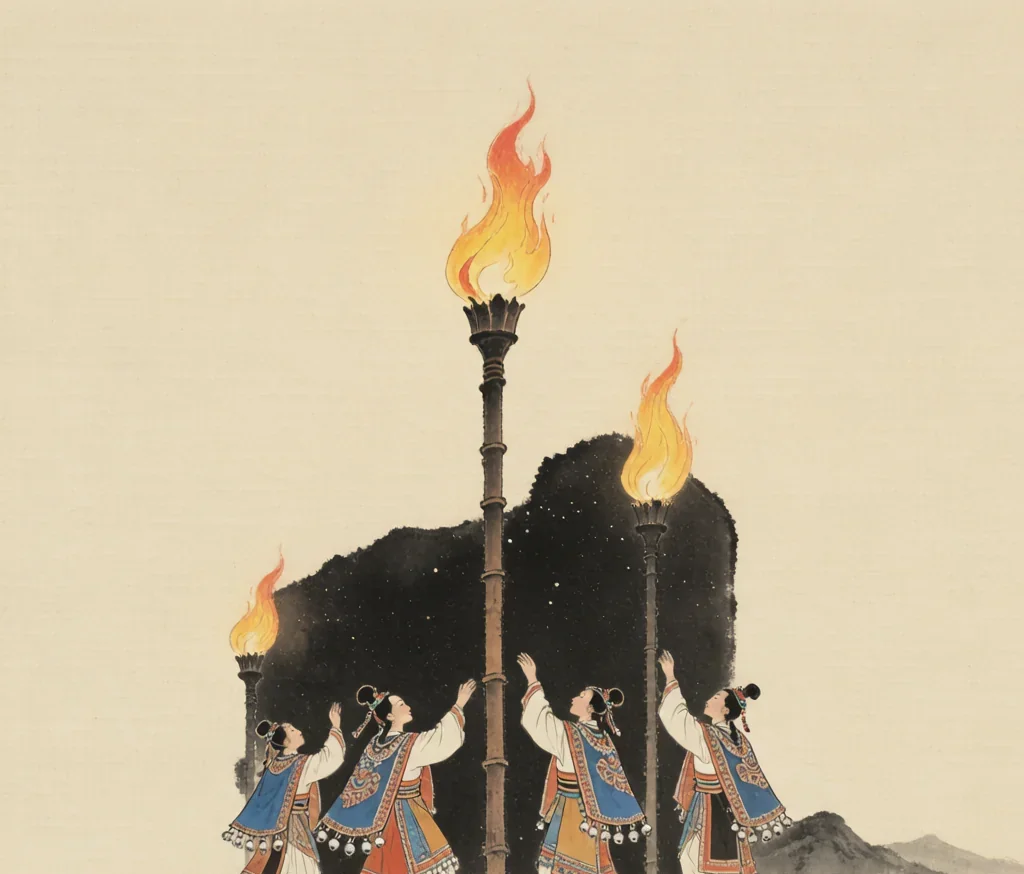 Yi Culture: The Torch Festival People — gongbi style painting