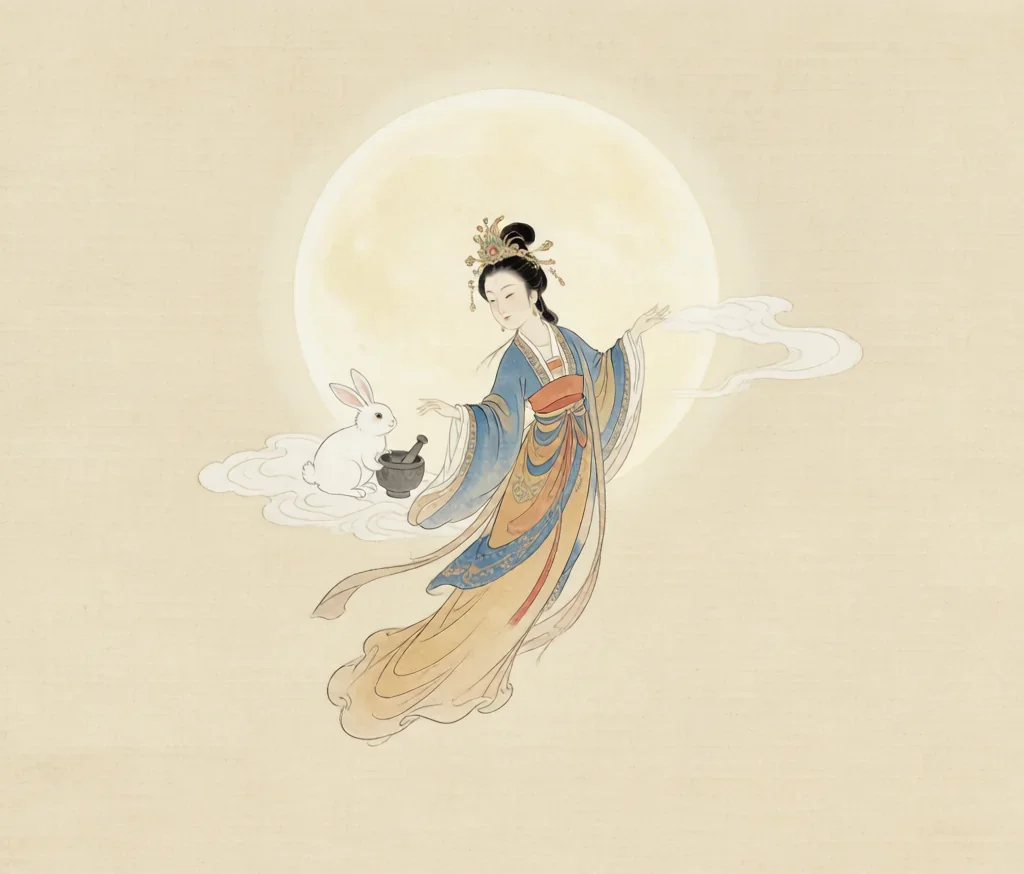 Chang'e and the Moon: The Goddess Who Floated to the Sky — gongbi style painting