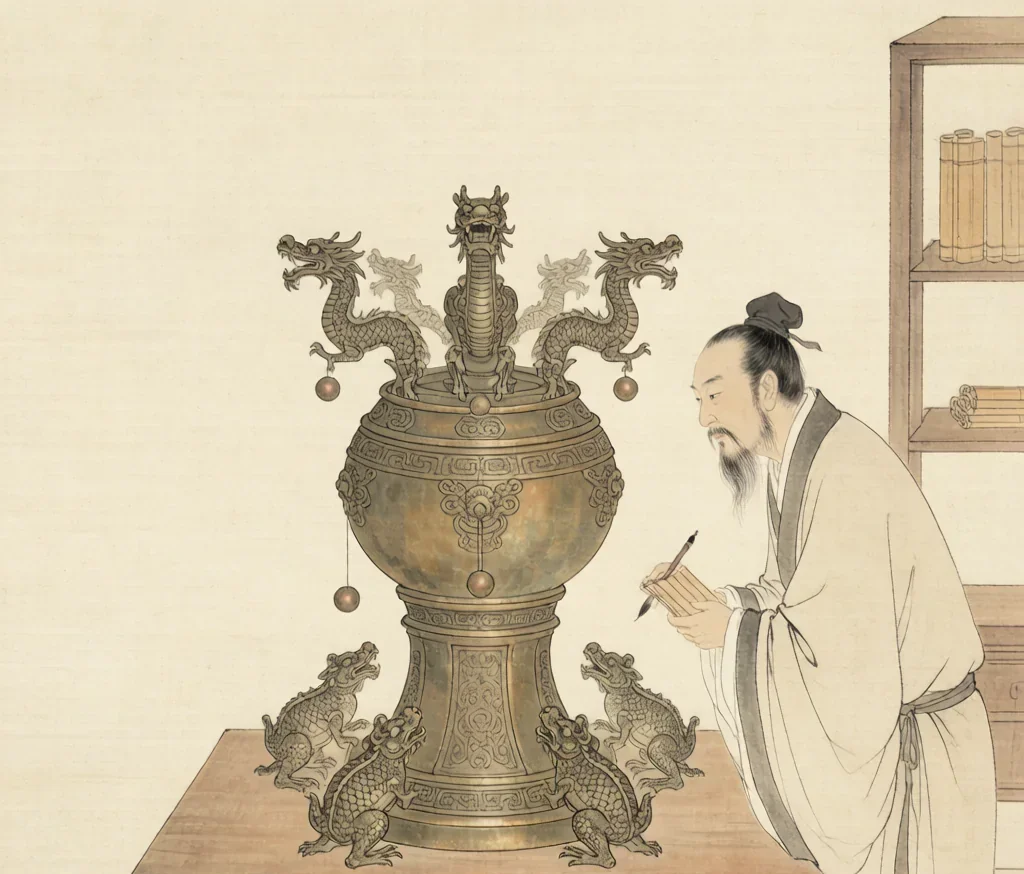 Zhang Heng's Seismograph (地动仪) — The World's First Earthquake Detector — gongbi style painting