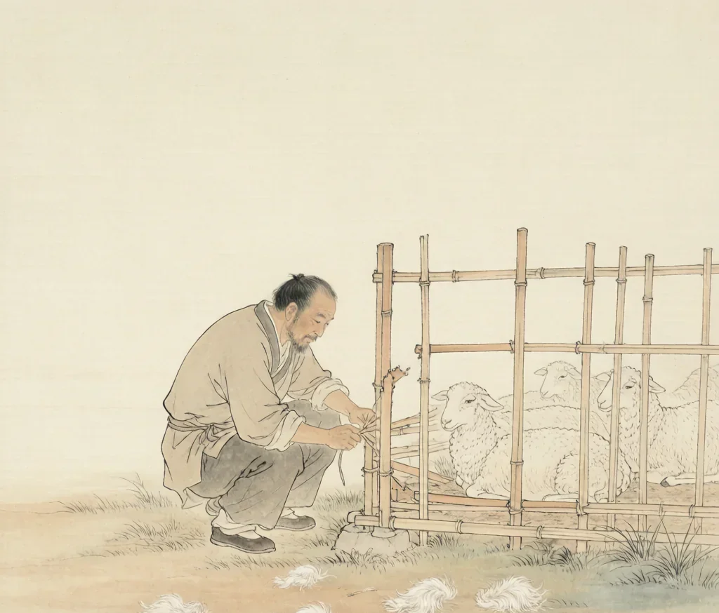 Mending the Fold After Sheep Are Lost: The Wisdom of Acting Late — gongbi style painting