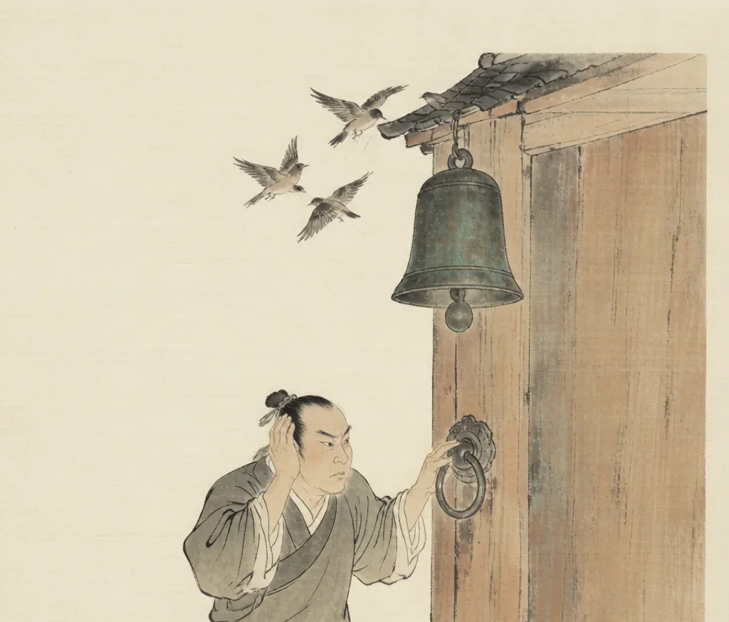 Covering Ears to Steal a Bell: The Thief Who Fooled Only Himself — gongbi style painting