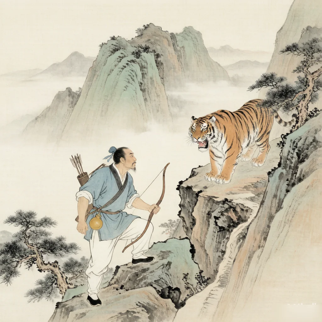 Climb the Mountain to Fight the Tiger — gongbi style painting