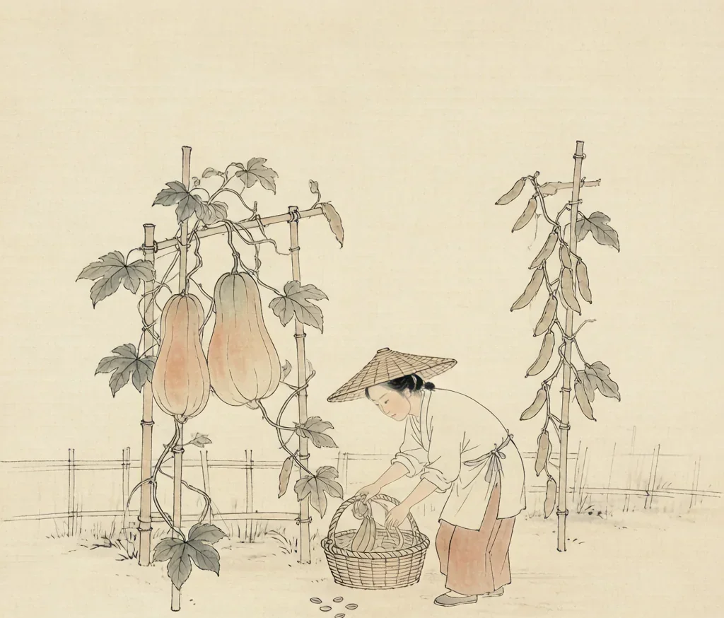 As You Sow, So Shall You Reap (种瓜得瓜): The Harvest of Your Own Deeds — gongbi style painting