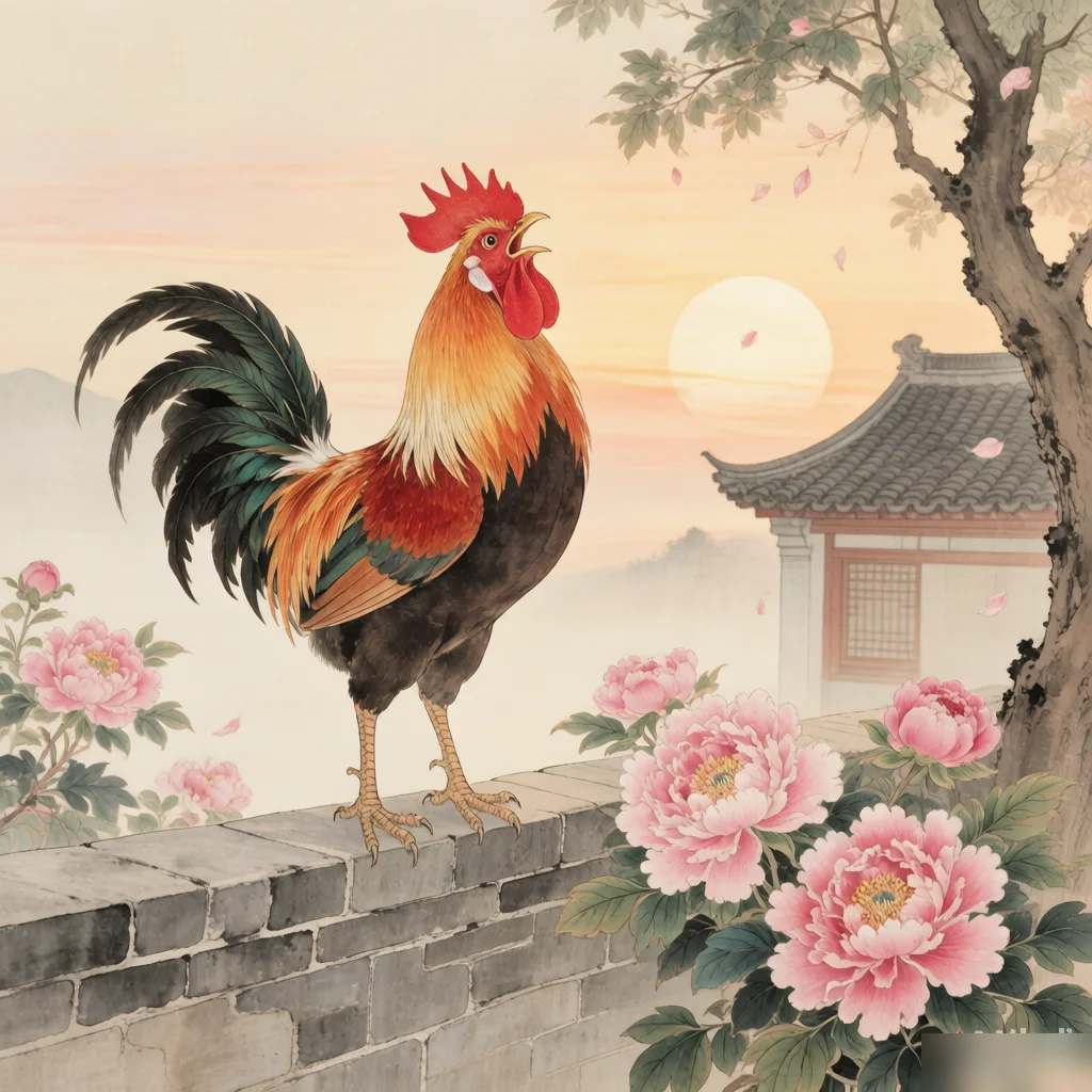 The Story of the Rooster: How It Joined the Chinese Zodiac — gongbi style painting