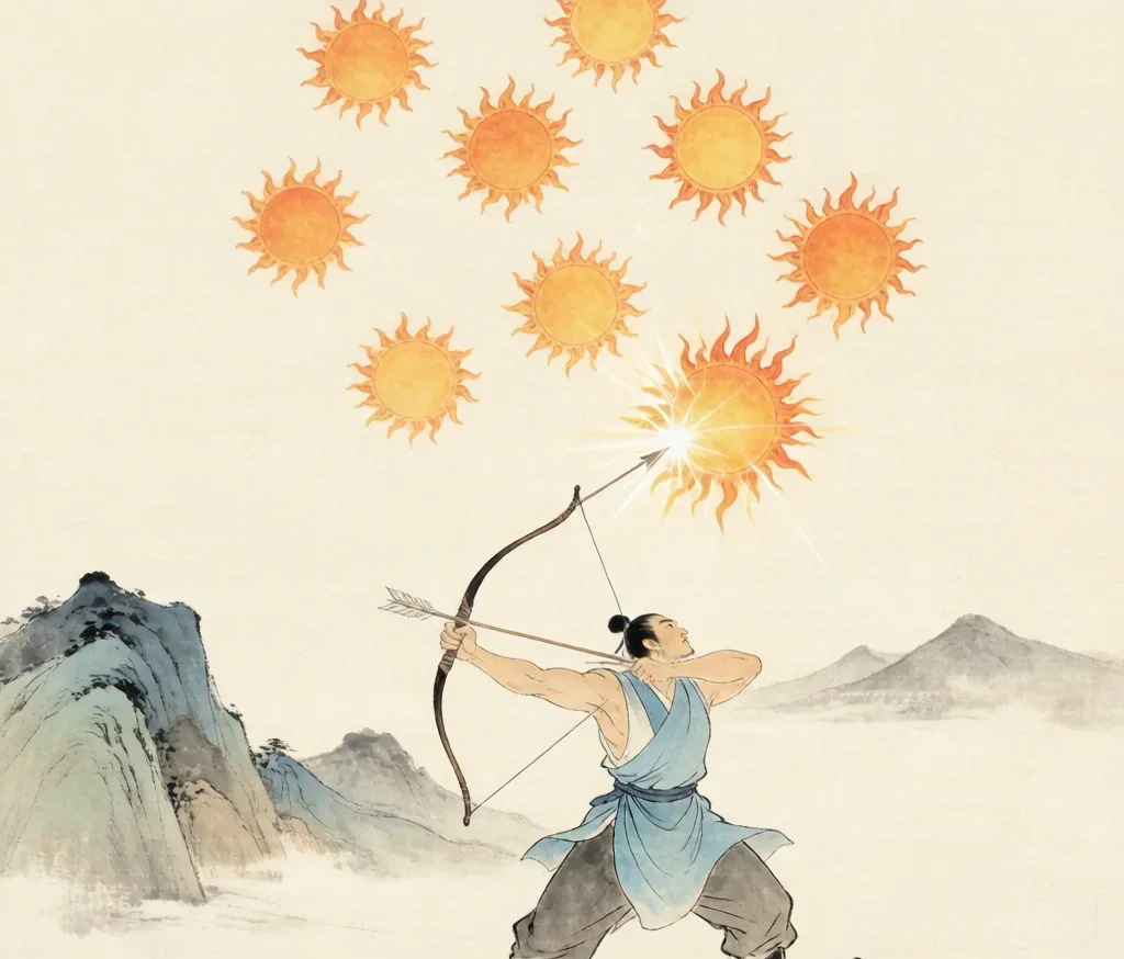 Houyi Shoots the Suns: The Archer Who Saved the World from Fire — gongbi style painting