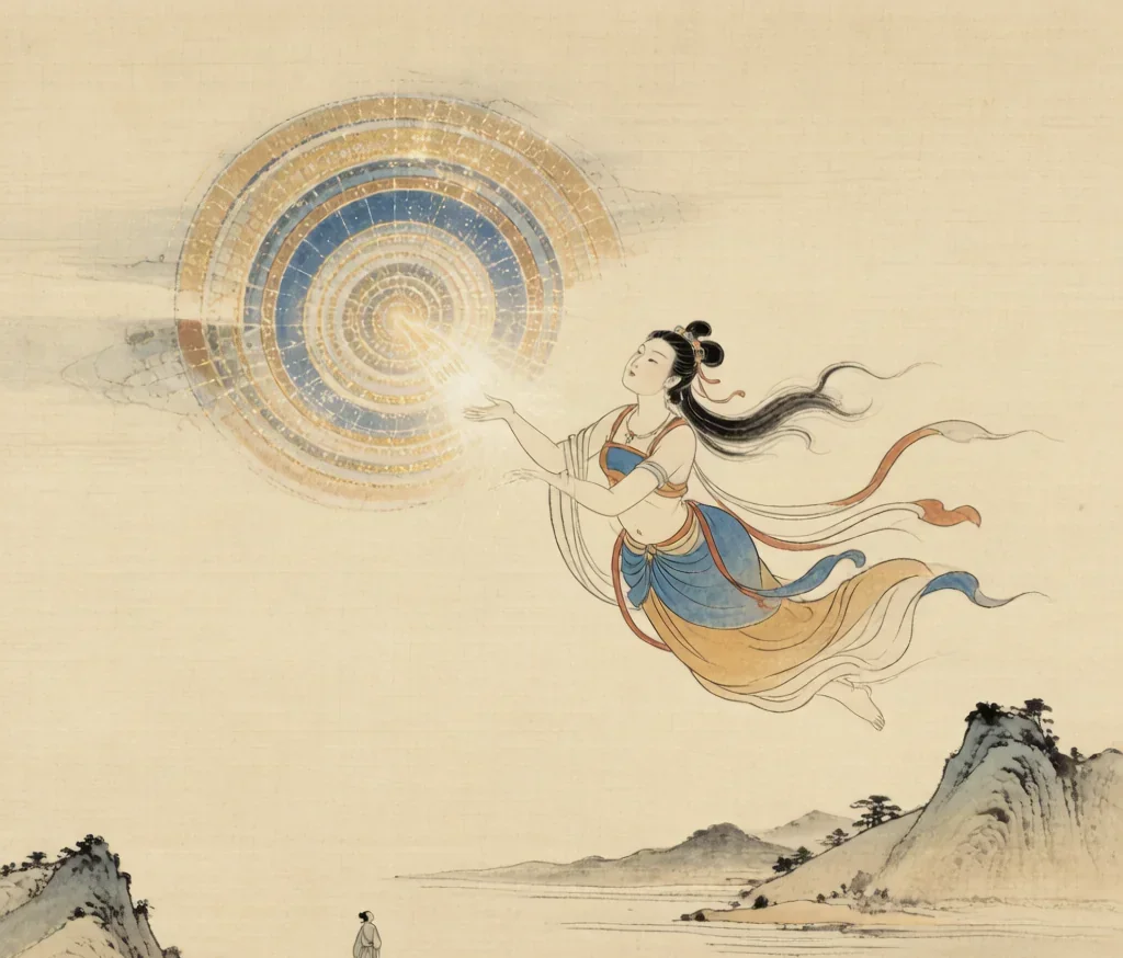 Nüwa Mends the Sky: China's Mother Goddess Who Saved the World — gongbi style painting