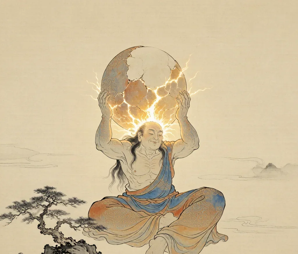 Pangu: The Giant Who Cracked the Cosmic Egg — gongbi style painting