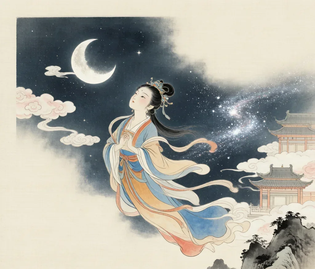 The Weaver Girl: The Star Who Longed for Earth — gongbi style painting