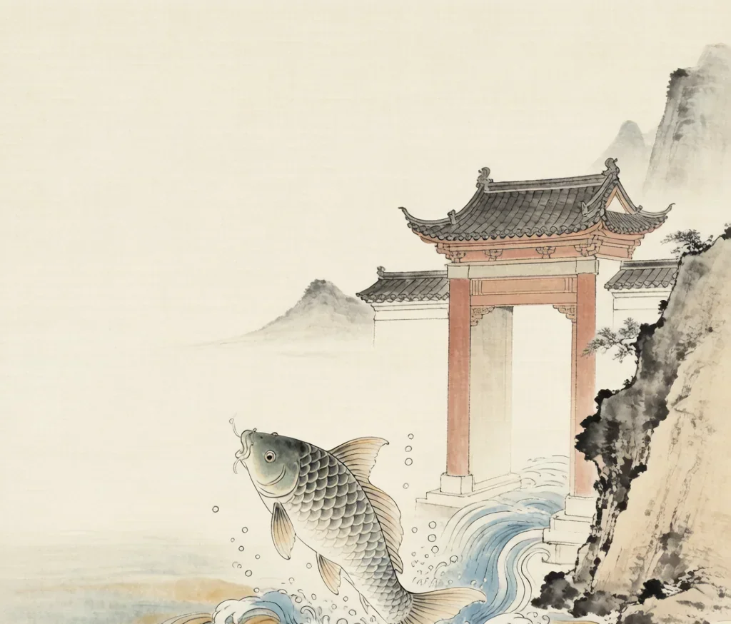 The Carp: Leaping the Dragon Gate (鲤鱼) — gongbi style painting